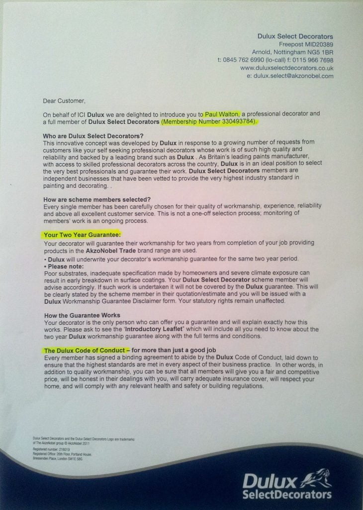 Dulux Select Decorator Accredited customer business letter painter and decorator Coventry